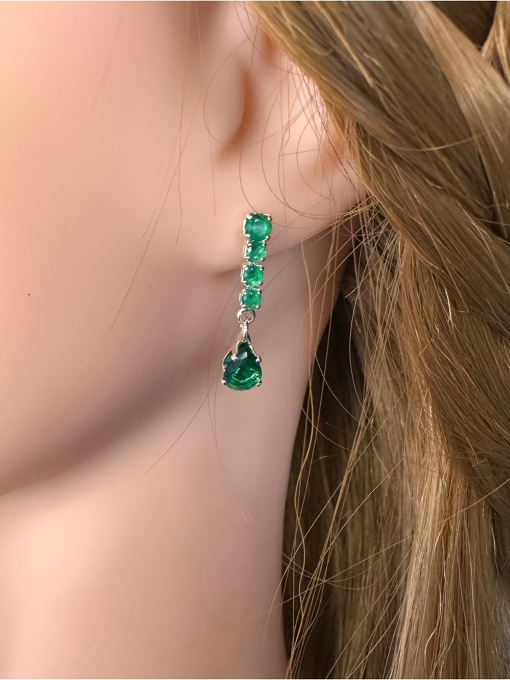 Silver Emerald Green Teardrop Dangle Earrings | Cubic Zirconia